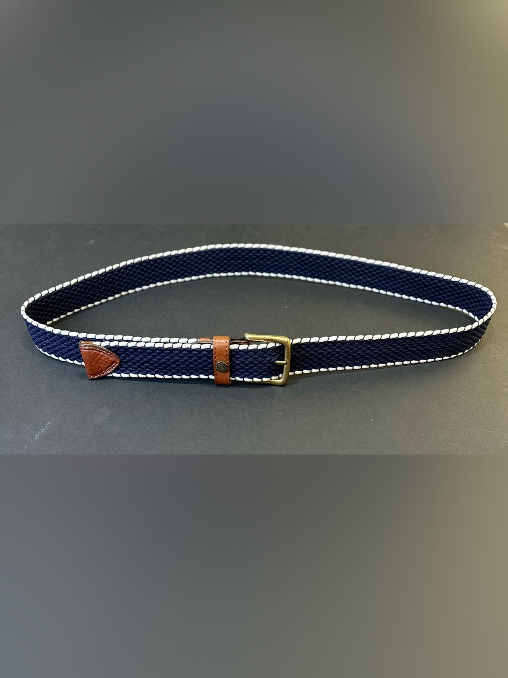 Southern Tide Braided Elastic Web Belt Navy/White Tan Leather Brass Buckle XL